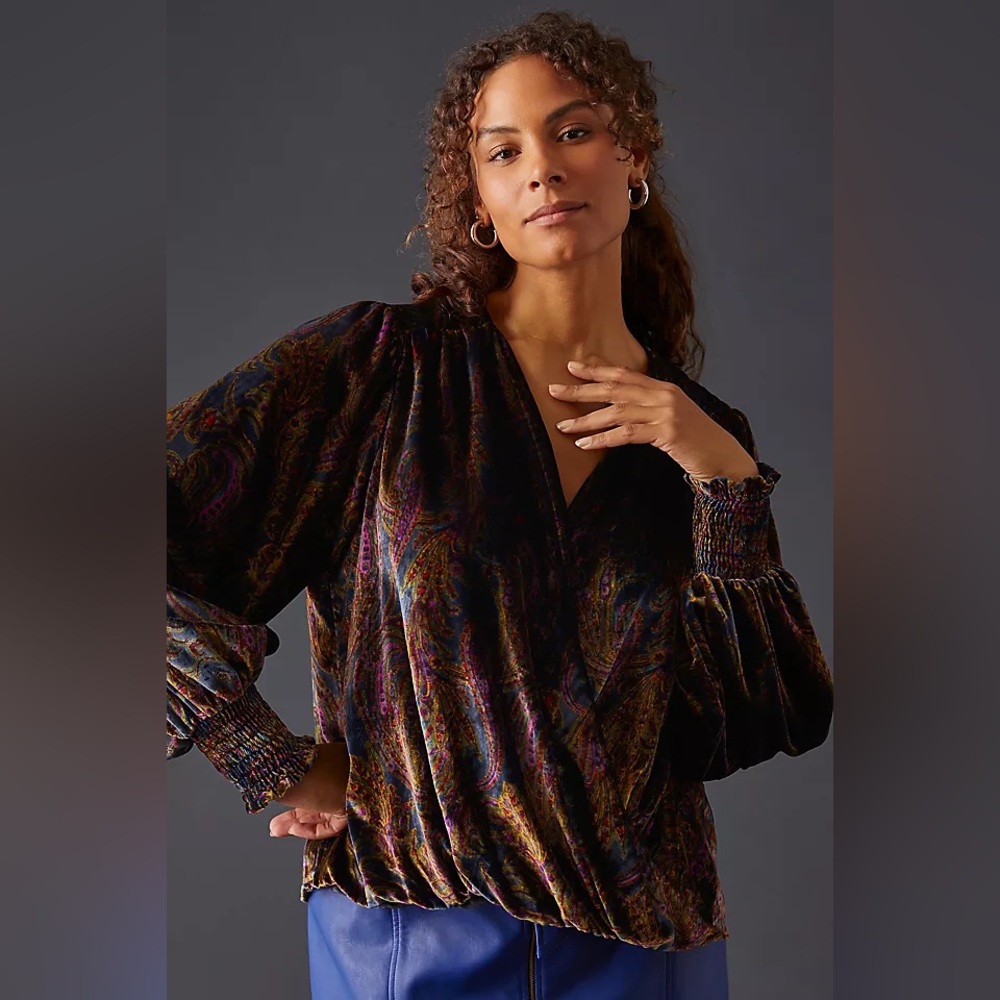 Anthropology Multicolor Velvet Wrap Top - Picture 7 of 16
